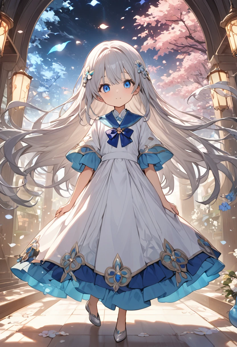 High definition、８K、巫女服を着た清楚なbeautiful girl、Flowers sprout from beneath your feet、１５age～１８age、Long silver hair that's half blue、Full body portrait、beautiful girl、Long-hemmed outfit、Large opal eyes、Powerful eyes、Kagura dance、Sacred