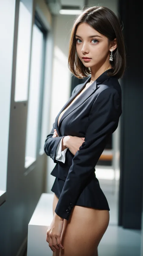 (nude)woman walking down an office corridor, white wall, grey table, plant, sexy pose, blur the background, concentrated, (((mas...