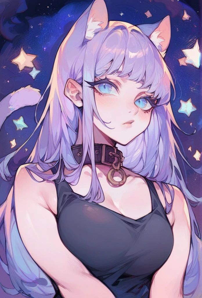 1girl, cat ears, long hair, bangs, light purple hair, gorgeous blue eyes, 1 purple cat tail, eyeliner, long lashes, collar, black low cut tank top, breasts, starry background, half body 