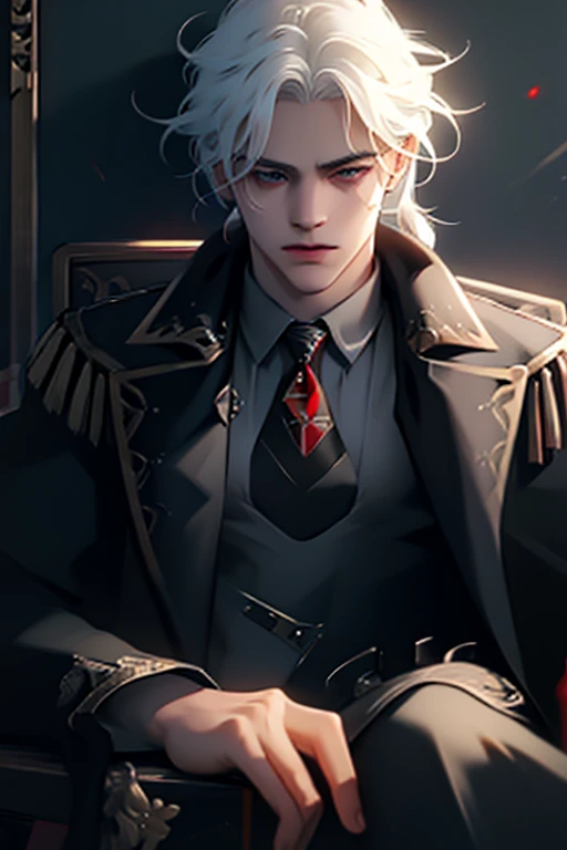 man, young adult, in a mobster suit, pistol, soft hair, Red eyes, handsome, with white hair 