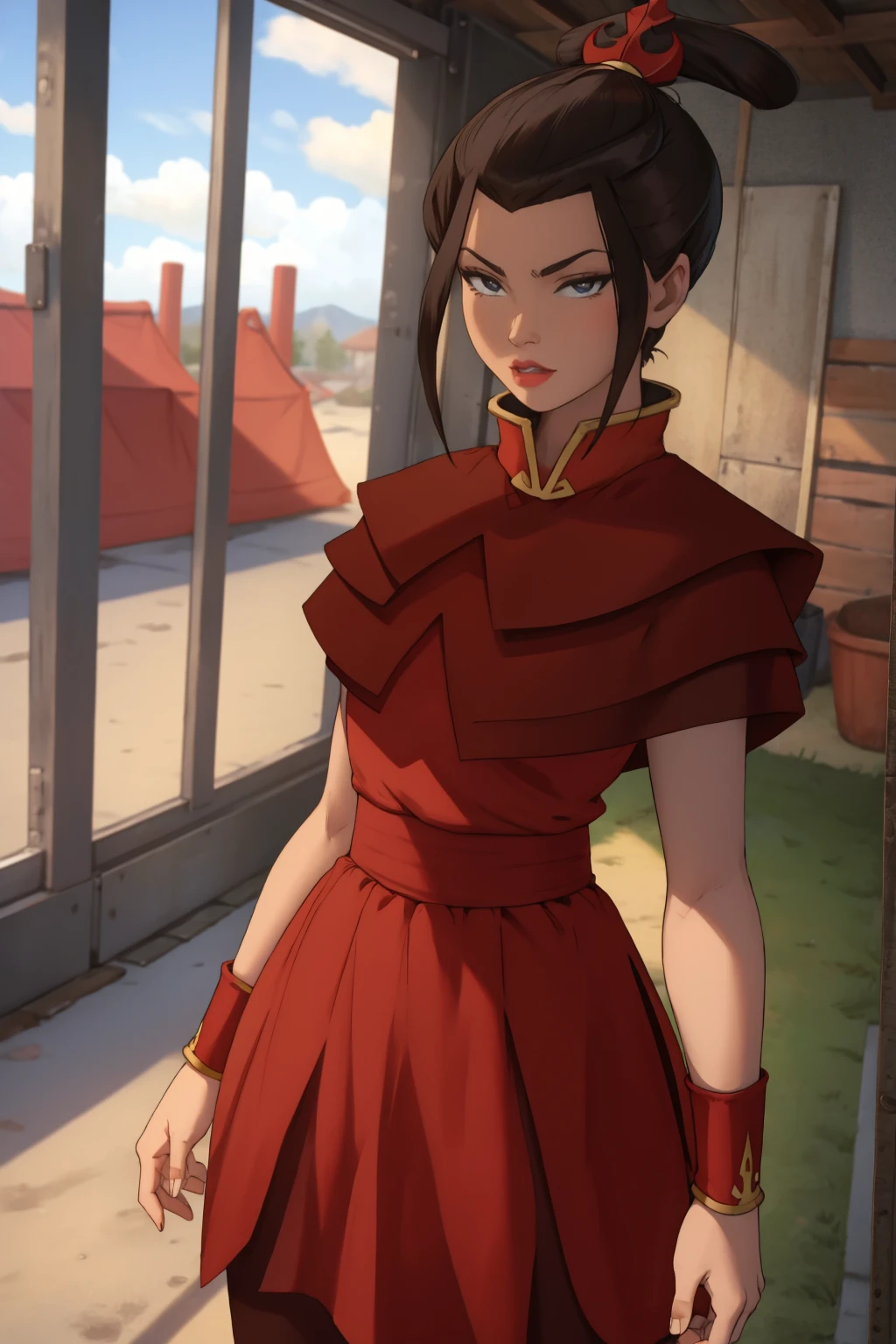 Beautiful, masterpiece, Best quality, very detailed face, perfect lighting, cowboy shot, 1 girl, Azula, perfect body, tight clothes, seductive, pomade, draw up, I look at the viewer, wide hips
