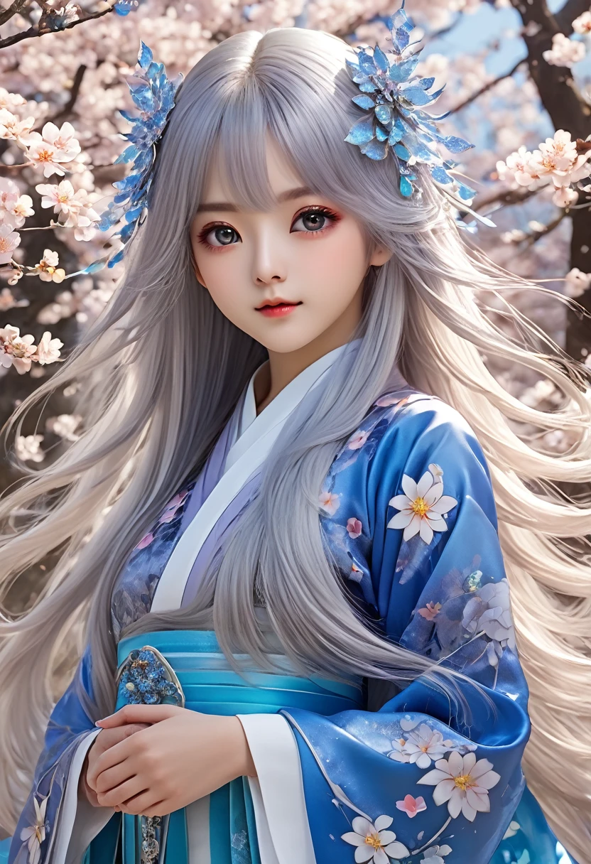 High definition、８K、巫女服を着た清楚なbeautiful girl、Flowers sprout from beneath your feet、１５age～１８age、Long silver hair that's half blue、Full body portrait、beautiful girl、A long-sleeved miko outfit、Large eyes with the sparkle of opals、Powerful eyes、Kagura Dance