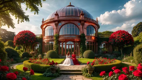 photo of a palace with a garden and red roses in front of it, inspired by beautiful  large copper and glass dome house, detailed...