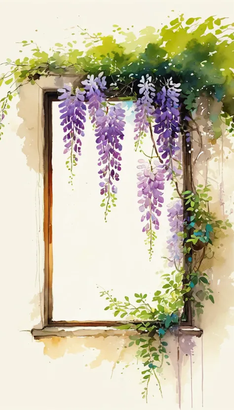 中国水墨画sketch：light ink，lowercase，sketch，artistic conception，wisteria，window，minimalism，(((negative space,bottom left composition)...