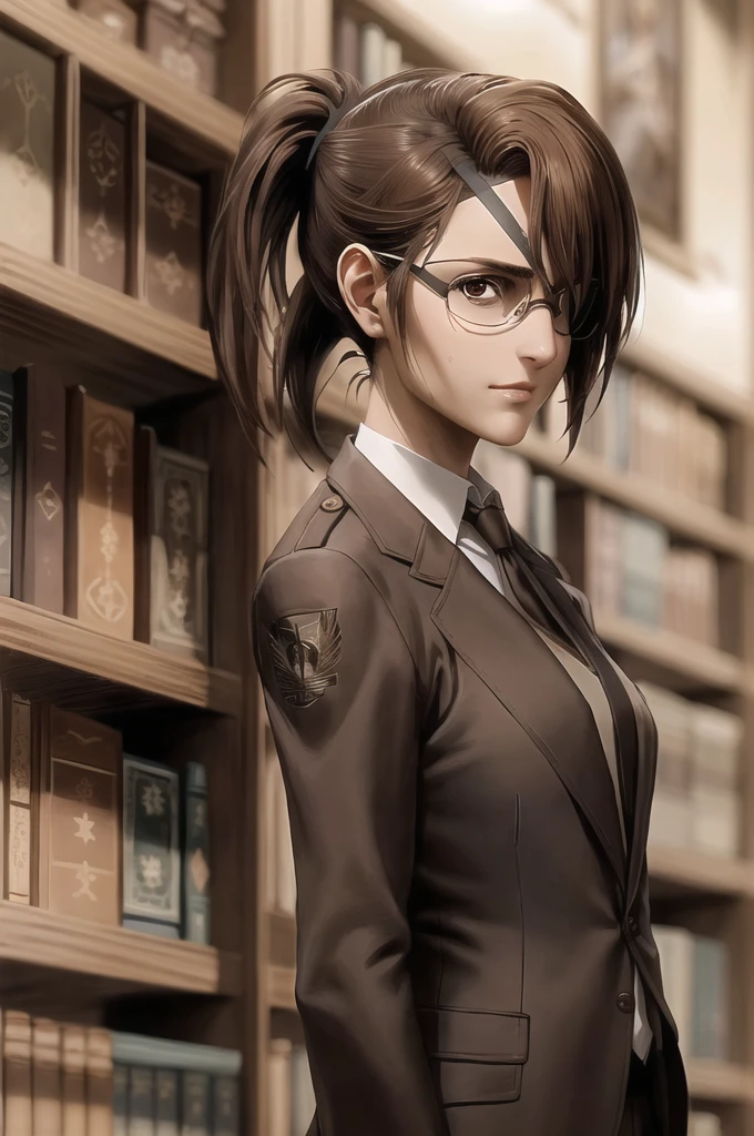 portrait of beautiful HangeAOT, 1girl, solo, brown_hair, glasses, eyepatch, Perfect brown silk suit , Masterpiece ,Background of a large library , realistic hands , Detailed realistic painting, hd, Brown and chestnut colors , White silk shirt, black tie, Messy ponytail, Perfect detailed body 