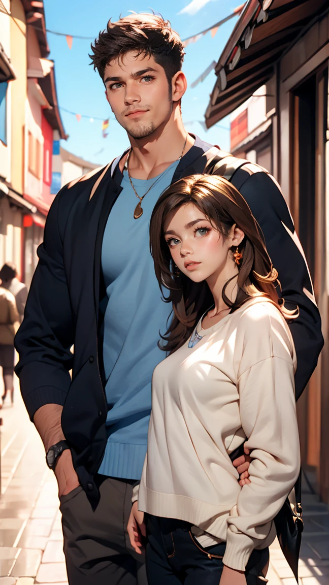 masterpiece, anime, highest quality, 2 others, Couple, mature, Adult, Height difference, Different Fashion, Different colors, Casual clothing, Long sleeve, smile, Happy, like, Swirling Wind, blue sky, Long-haired men, Woman with light brown hair, Black-haired woman, Black-haired woman