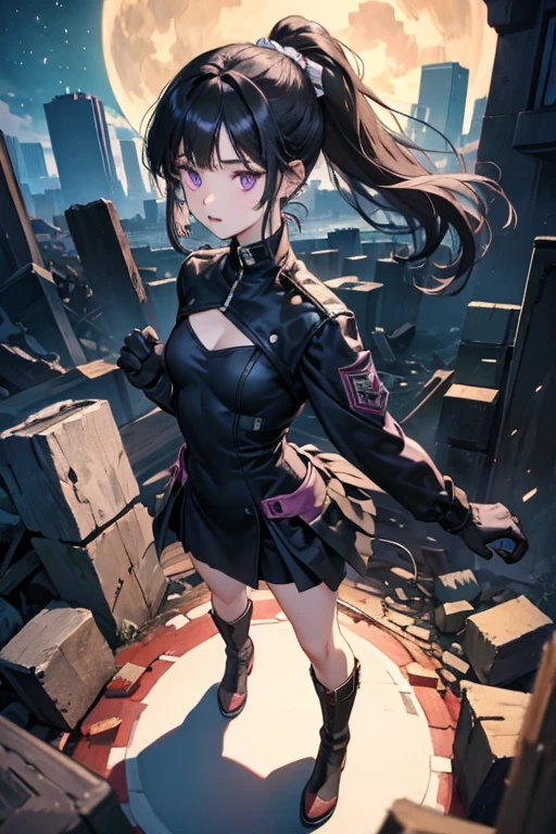 Anime Art、Hong Kong City Streets and Roads、Full body portrait、Modern street killer、Moonlit Ruins、Slim woman, height: about. 155cm, Around 15 years old, Wearing a black mini dress, Bare hands、Black over-the-knee socks、Ponytail Hairstyles、The eyes are covered by the bangs、Black Hair, a vague look、Purple eyes、gloves、stockings、boots、She has silver earrings.,Gaze, Small breasts