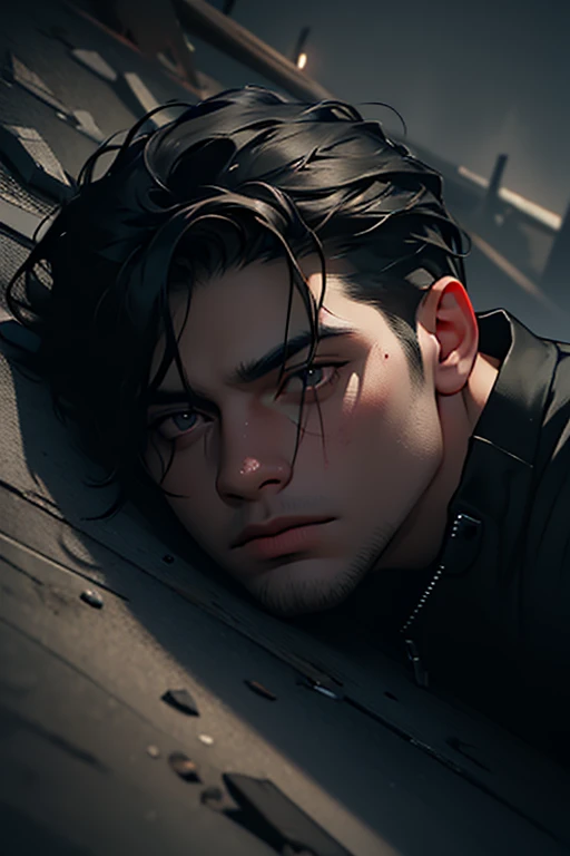 a dead man, black hair, lifeless black eyes, covered in blood, lying on the ground with a gun beside him, hyper realistic, extremely detailed, dark and gritty, dramatic lighting, muted colors, cinematic composition, powerful storytelling, masterpiece