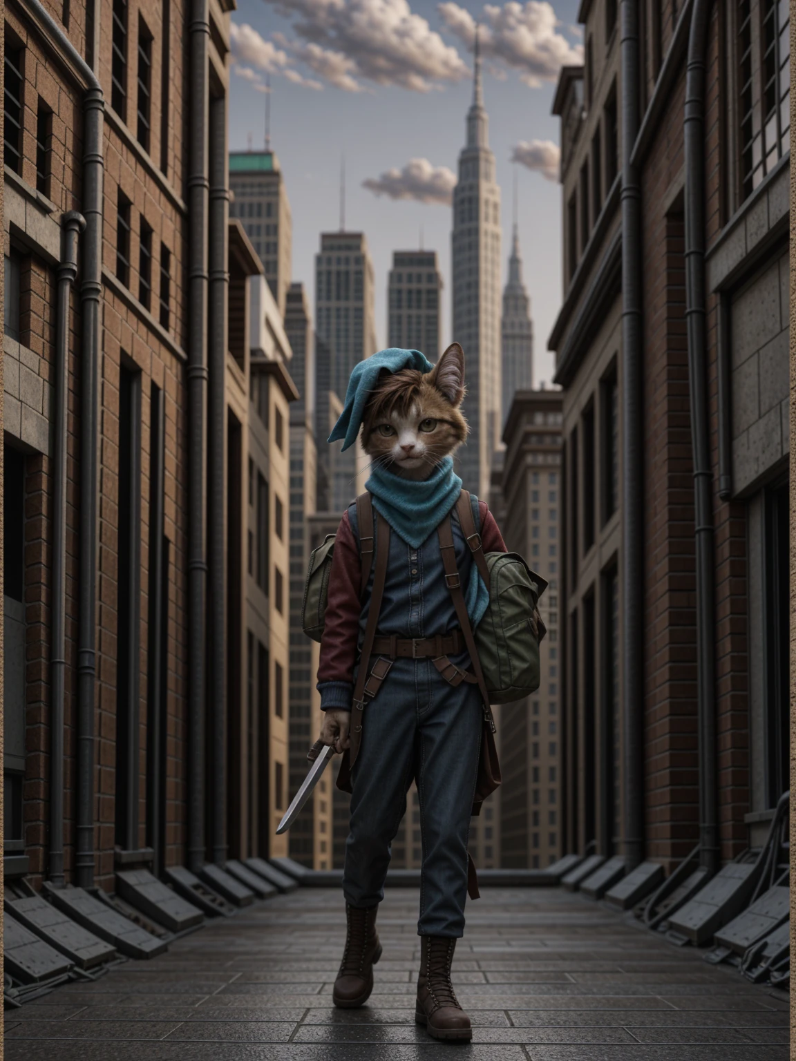 A brave American soldier cat! Standing on a rooftop with a city skyline, wearing a red jacket, blue scarf, backpack, and holding a sword. Whimsical and playful. Would make a great poster!, high detail, Sony FE GM, 8k