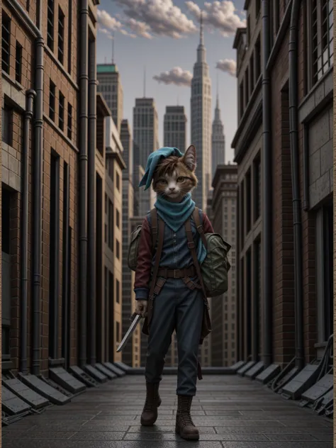 a brave american soldier cat! standing on a rooftop with a city skyline, wearing a red jacket, blue scarf, backpack, and holding...