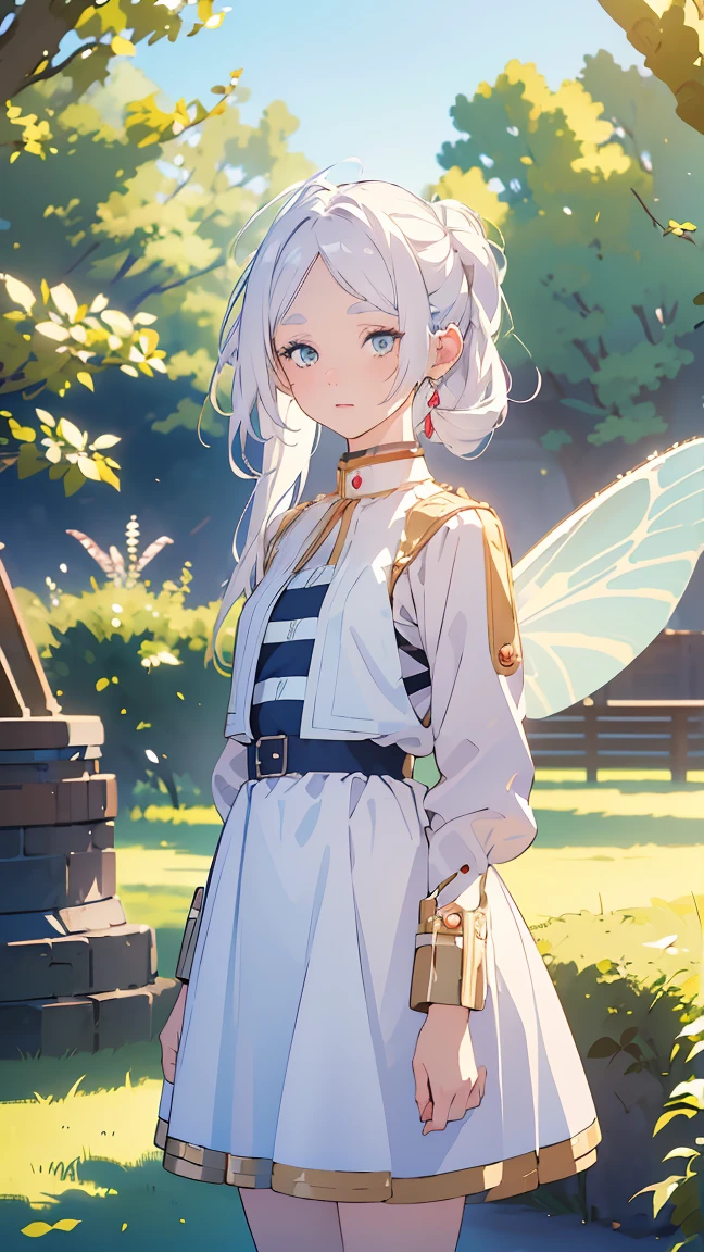 (Faerie girl1,white hair,Pale skin,Fairy ears),(Pinafore Dress),(Stand in a public park),Highly detailed ,8K wallpapers،Highest quality, high resolution, beautiful lighting, realistic shadow, high resolution،(highly detailed, detailed faces and eyes, realistic eyes,full body,Looking at the viewer,cowboy shot) 