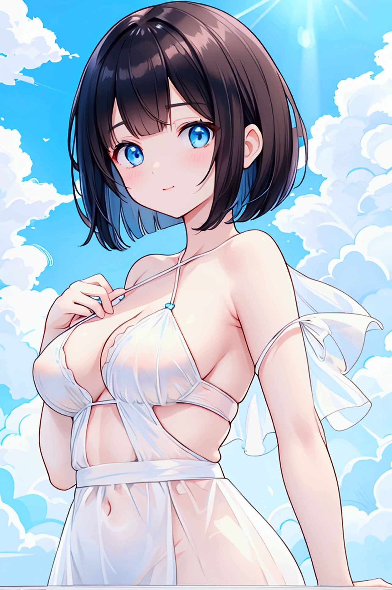 Photorealistic、Highest quality、Highest Resolution、Highest quality、16Ｋ、One beautiful woman、Cute face、Delicate face、Bob cut hair、Dark Hair Color、Pale blue eyes、Delicate eyes、Beautiful breasts、Big Breasts、Cool clothes、Blue sky、Sexy pose、 