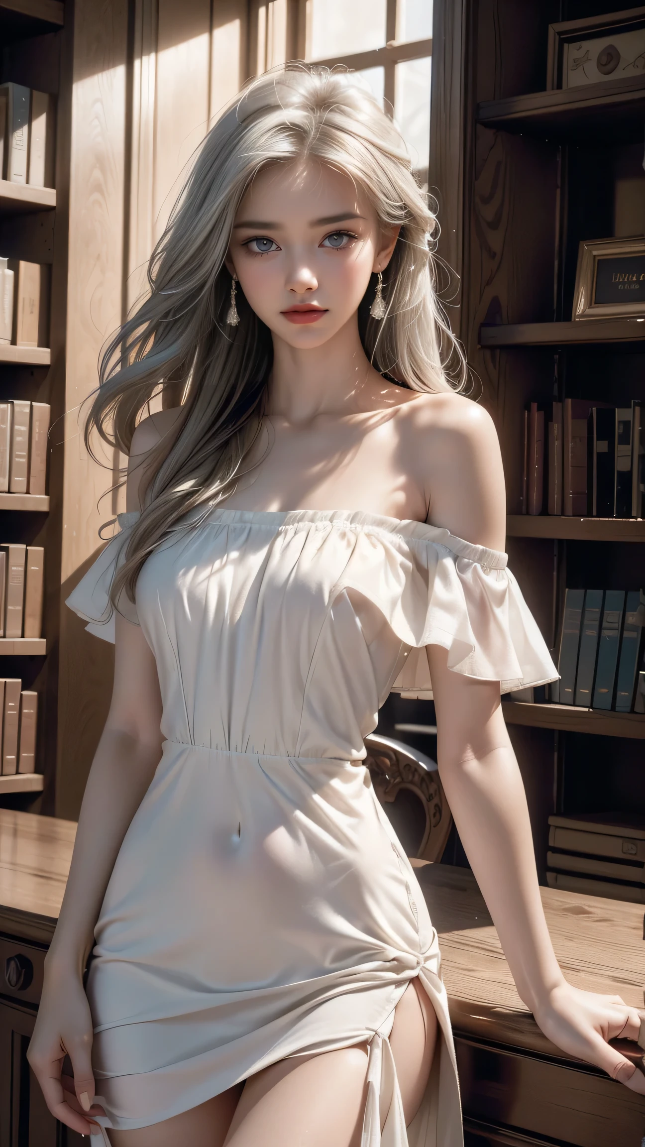 Heterochromia iridis,Silver-haired,High resolution free,(Sheer off-the-shoulder pure white dress)、(Wind blows my skirt)（(Girl standing in front of bookshelf in library))、(Rear view)、(look back)、Highest quality work，Actual work，Ultra Premium Graphics，8K HD CG Works，High quality graphics，High-definition CG works，10x pixels，Extremely fine detail：1.1，Advanced Technical Details：1.1 Photorealistic，Indoor lighting effects：1.5，Natural light：1.5. Light effects（virtual Light effects：1.8）,((Golden white short hair)）、（Bob Hair）, Thin eyebrows，High nose, Nice red lips, Rose Cheeks, A face with subtle makeup , Cute face, perfectly balanced face，(），A light-toned foundation enhances the clarity of your skin.、,((Off-the-shoulder pure white dress)). 40k, photograph, Tabletop, highest quality, Rainy background, ((1 Beautiful eyes light haired girl,  White skin, Various poses.((Medium sized breasts,:1.1)), highest quality, Tabletop, Ultra-high resolution, (Realistic:1.4), RAWphotograph, (Perfect figure), (slim:1.3), Slim abdomen, Perfect slim figure, Dynamic Pose, alone, Cold light 12000K, Very detailed facial and skin texture, Fine grain, Realistic eyes, Beautiful fine grain, (Realistic Skin), Charm, 超A high resolution, surreal, Very detailed、