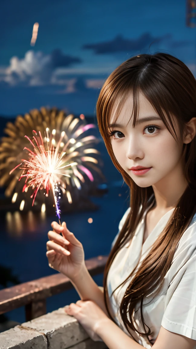 Tabletop, Highest quality, figure, Ultra-detailed, finely, High resolution, 8K Wallpaper, 完璧なダイナミックな構figure, Beautiful and fine details,Wearing a yukata,Fireworks display