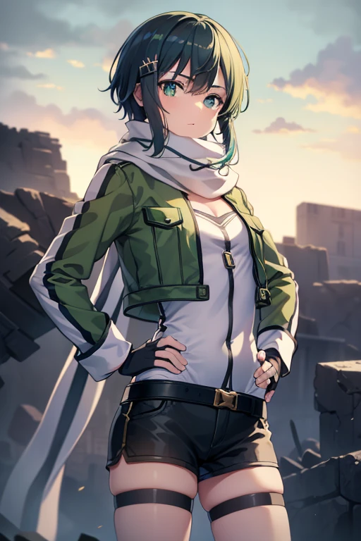 (masterpiece), Highest quality, Expressive eyes, Perfect Face, High resolution, Chinon 1, scarf, Fingerless gloves, Long sleeve, Short shorts, hair ornaments, Hair Clip, Green knee socks, Green jacket, Thigh straps, Hands on hips, Field, Ruins Background, Are standing, Cowboy Shot, Looking at the audience