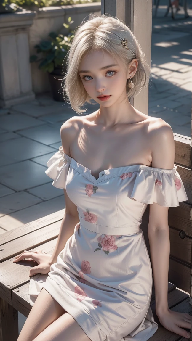 ((A woman sitting on a bench on the balcony of an ancient city))Heterochromia iridis,Silver-haired,High resolution free,(半透明Off-the-shoulder white floral dress)、(Wind blows my skirt)、Highest qualityの作品,Actual work,Ultra Premium Graphics,8K HD CG Works,High Quality Graphics,High-definition CG works,10x pixels,Extremely fine detail:1.1,Advanced Technical Details:1.1 Photorealistic,Natural light:1.5、((Golden White Short Hair))、(Bob Hair)、Thin eyebrows、High nose、Nice red lips、Rose Cheeks、Face with Subtle Makeup、Cute Face、Perfectly balanced face、()、Bright Toned Foundation Enhances Skin Transparency。、、(Off-the-shoulder white floral dress)). 40k、photograph、Tabletop、Highest quality、((1 Beautiful Eyes、bright hair、White skin、 Mr.々Pose。((Medium chest、:1.1))、Highest quality、Tabletop、Ultra-high resolution、(Real:1.4)、RAWphotograph、(Perfect Figure)、(slim:1.3)、slimな腹部、パーフェクトslimフィギュア、Dynamic Pose、One person、Cold light 12000K、Very detailedな顔と肌の質感、Fine particles、Realな目、美しいFine particles、(Realな肌)、Charm、Ultra-high resolution、Surreal、Very detailed、