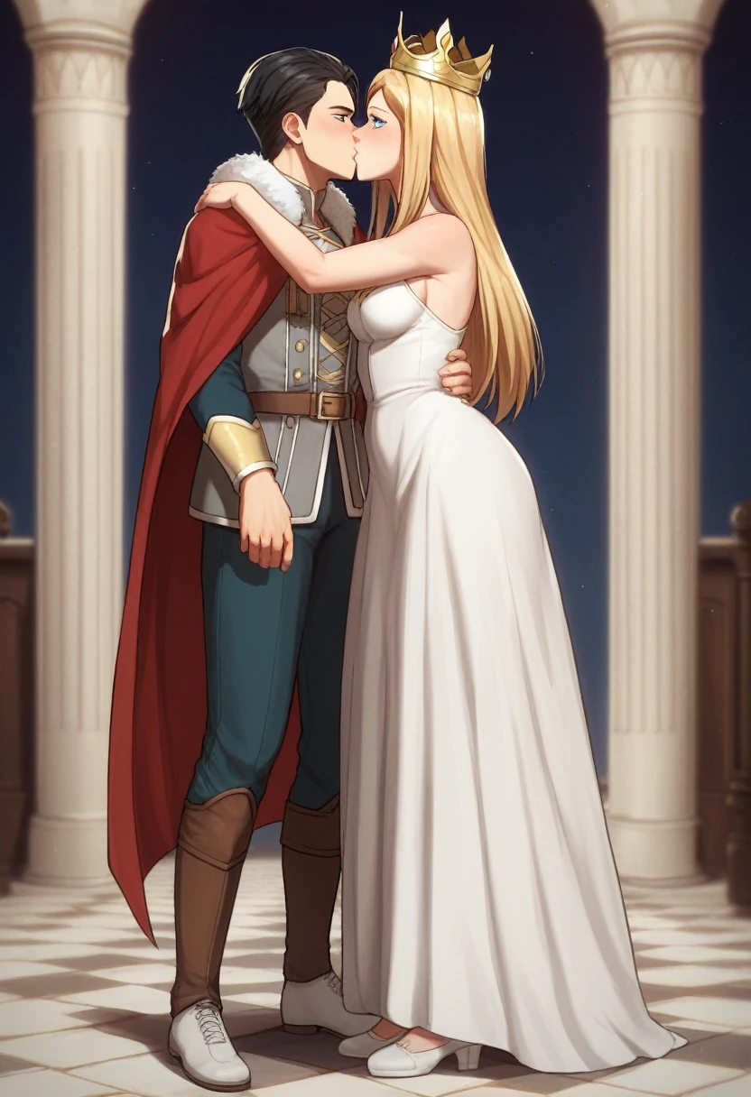 score_9, score_8_up, score_7_up, BREAK source_anime, historia reiss, blue eyes, blonde hair, long hair, medium breasts, long white dress, red cape, fur trim, crown, white shoes,female black hair soldier kissing ing historia