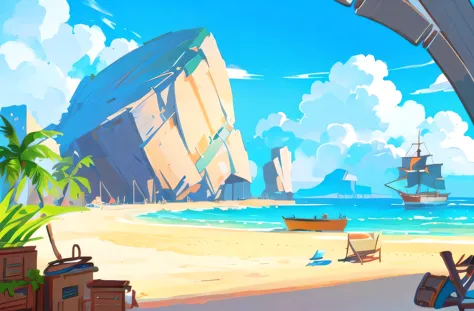 there is a cartoon picture of a boat on the beach., background technology, relaxing concept art, stylized concept art, backgroun...