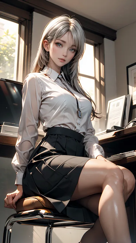 she is sitting on a chair wearing a black dress., korean female fashion model, transparent grey skirt, mesh shirt, chrome clothi...