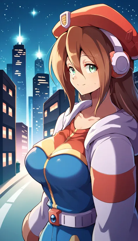 headphones, city, building, skyscraper, cityscape, earmuffs, night, 1girls, female focus, star \(sky\), solo, shoes,  street, ci...