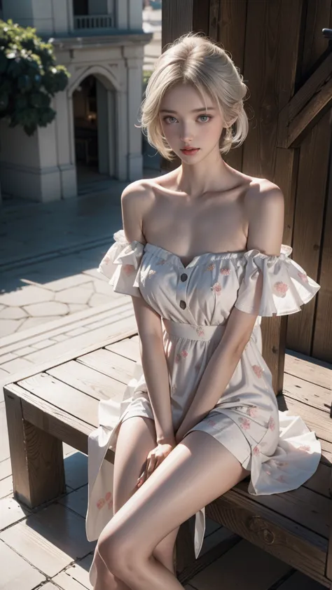 ((a woman sitting on a bench on the balcony of an ancient city)),(sitting with legs crossed)、(white high heels)heterochromia iri...