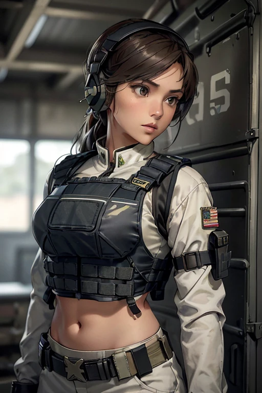 ((With a rifle、A woman in white clothes wearing headphones)), 24-year-old female, Filipina woman, Sun-kissed bronze skin, Soldier Girl, mechanized Soldier Girl, Military Girl, Beautiful female soldier, Female protagonist, Infantry Girl, Sniper girl in war, Female solo character, Future Combat Gear, Close-up shot of half body, ((A woman wearing a cropped military bulletproof vest)), (Showing your belly button), Quiet from Metal Gear Solid V, Wearing tactical gear, Dressed in tactical armor, (sighting rifle)