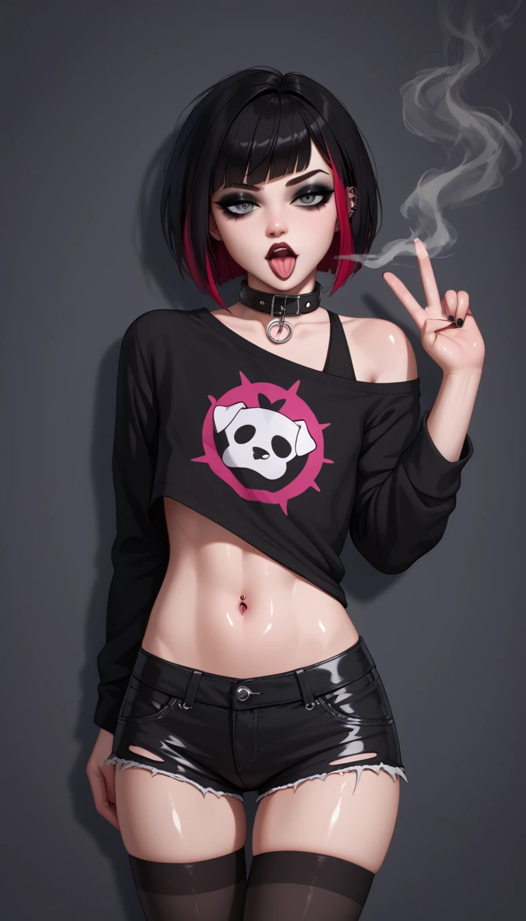 1girl, woman, emo_hairstyle, black lipstick, dog collar, eyeliner, eye shadow, smoky eyes, realistic lighting, half open black sleevless business shirt, short shorts, black thighhighs, short hair, flat chest, shiny skin, flirting with boyfriend, looking attractive, emo, tongue out, black metal, metal hand sign, tongue out, open mouth.