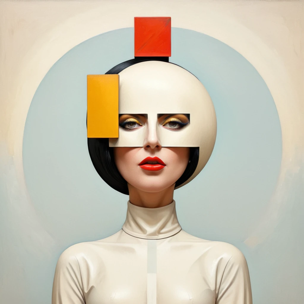 Cubist artwork in the style of kazimir malevich, kazimir malevich style, kazimir malevich art, kazimir malevich trend on behance 3 d art, stylized portrait formal pose, geometric 3d render, high quality artwork, dan mumford tom bagshaw, 2d illustration, by Adam Chmielowski, covered eyes, 2016, art deco painting, pj crook, incredible digital art,  a painting of Lady Gaga with a square in her head, stefan koidl, and yellow color scheme, 1956 . Geometric shapes, abstract, innovative, revolutionary