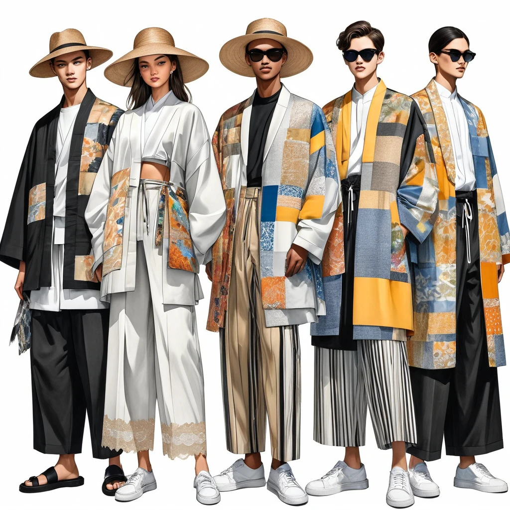 candid fashion illustration a group of young 2man and 1girl, aged 18-23 year old, tall and slender, Mixed race super model, ((showcase in fashionable Lenin outfits inspired by designer Dris Van Noten spring-summer collection 2024)), in elegant and modern style of ((patchwork or collage with tribble fabric or ethnic woven fabric details)), neutral earth tone color. The 1st man wears an oversized shirt with embroidery and lace details, paired with slim-fit Pants. The second man complements him in a shirt decorate with lace detail, oversized Yukata Jacket, ethnic woven details, paired with big striped Drawstring pants. a woman wears a collage fabrics long dress with lace decoration details. (all completes the look with white sneakers, an accessorizes with a wide-brimmed straw hat, sunglass.  Captured in a ((full-body image)), relax and simple pose, ((water-color paint on white paper background)), realistic pencil lines, imperfect drawing, charcoal lines detail, fading sketch, fashion Sketching, low angle view, (full body image), Dris Van Noten.