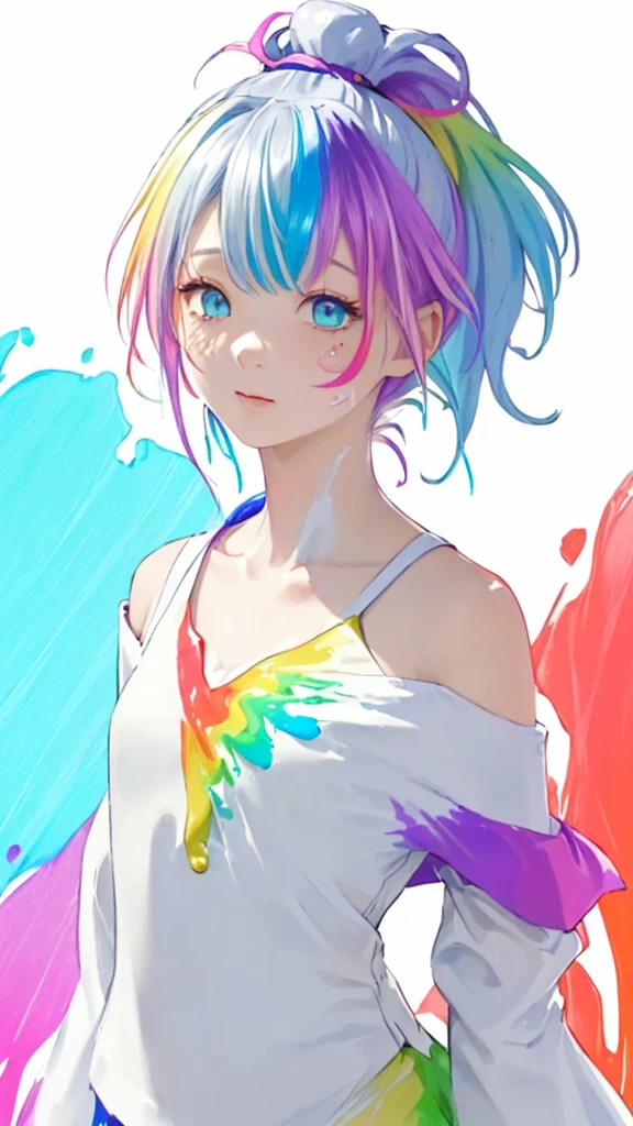 （Pink Fashion T-Shirt：1.9），(colorfulな髪: 1.8), (All the colors of the rainbow: 1.8),(((((vertical painting：1.6))), （painting：1.6），front, comics, shapes, paintings, Big eyes, Clear Eyes,（ Rainbow gradient high ponytail：1.7）, Exquisite makeup, Mouth closed,(Small Fresh: 1.5),(Wipe the chest: 1.6) ，Long eyelashes, off shoulder white t-shirt,  White shoulder shirt，Looking at the audience, Big teary eyes, (Rainbow Hair：1.6), カラーsplash, （alone：1.8）, カラーsplash, explosion of colors, thick paint style, Messy Lines, ((The Shining))，(colorful), (colorful), (colorful), colorful, Thick paint Style, (splash) (Color splash), Vertical painting, Upper Body, paint splash, Acrylic Pigments, slope, paint, Best image quality, highest quality, masterpiece, alone, Written boundary depth, Face paint,  colorful clothes, (elegant: 1.2), Nice,Long Hair, Wind, (elegant: 1.3), (petal: 1.4)，(((masterpiece))),(((highest quality))),((Very detailed)),(shape),(Dynamic Angle),((floating)),(paint),((Disheveled Hair)),(alone),(One Girl) , (((Detailed anima face))),((Beautifully detailed face)),collar,Expose your shoulders,Gray Hair, ((colorful hair)),((Striped Hair)),Beautiful details,(slope color eyes),(((colorful eyes))),(((colorful background))),(((High chroma))),(((surrounded by colorful splashes))), 


