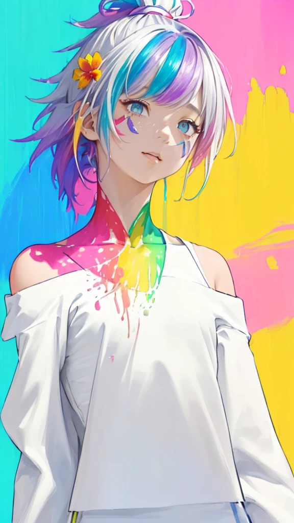 （Pink Fashion T-Shirt：1.9），(colorfulな髪: 1.8), (All the colors of the rainbow: 1.8),(((((vertical painting：1.6))), （painting：1.6），front, comics, shapes, paintings, Big eyes, Clear Eyes,（ Rainbow gradient high ponytail：1.7）, Exquisite makeup, Mouth closed,(Small Fresh: 1.5),(Wipe the chest: 1.6) ，Long eyelashes, off shoulder white t-shirt,  White shoulder shirt，Looking at the audience, Big teary eyes, (Rainbow Hair：1.6), カラーsplash, （alone：1.8）, カラーsplash, explosion of colors, thick paint style, Messy Lines, ((The Shining))，(colorful), (colorful), (colorful), colorful, Thick paint Style, (splash) (Color splash), Vertical painting, Upper Body, paint splash, Acrylic Pigments, slope, paint, Best image quality, highest quality, masterpiece, alone, Written boundary depth, Face paint,  colorful clothes, (elegant: 1.2), Nice,Long Hair, Wind, (elegant: 1.3), (petal: 1.4)，(((masterpiece))),(((highest quality))),((Very detailed)),(shape),(Dynamic Angle),((floating)),(paint),((Disheveled Hair)),(alone),(One Girl) , (((Detailed anima face))),((Beautifully detailed face)),collar,Expose your shoulders,Gray Hair, ((colorful hair)),((Striped Hair)),Beautiful details,(slope color eyes),(((colorful eyes))),(((colorful background))),(((High chroma))),(((surrounded by colorful splashes))), 


