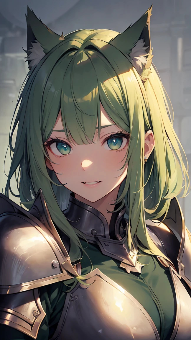 perfect eyes, soft light, high quality, 4k resolution, masterpiece, textured skin, high details, detailed face, detailed eyes, best quality, award winning, super detail, high quality, green hair, blunt bangs, messy hair, wolf ears, fangs, licking lips, Knight in metal armor, (gold shoulder pads), from side, multiple views