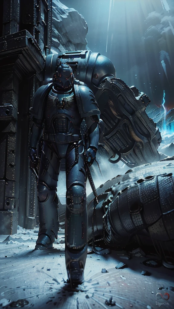 A light-blue and white space marine troop, in an ice plain, during a snowstorm, ((light-blue and white armor, St99rong suit , dramatic light, space marine, light blue armor, fighting pose, snowstorm, snow mountains in the background, a dreadnout in the background, space marine mask, chainsaw sword, strong man, masterpiece, space marine,(Epic armor, metal reflections), hdr, best quality, uhd, 8k resolution, best light, realistic, detailed background, detailed face, detailed hands, full body, (city ruins)(open field surrounded by fire), (alien planet), (spaceships flying in the sky) (white armor highlights) high detailed mask, Warhammer Adeptus, Adeptus Masck
