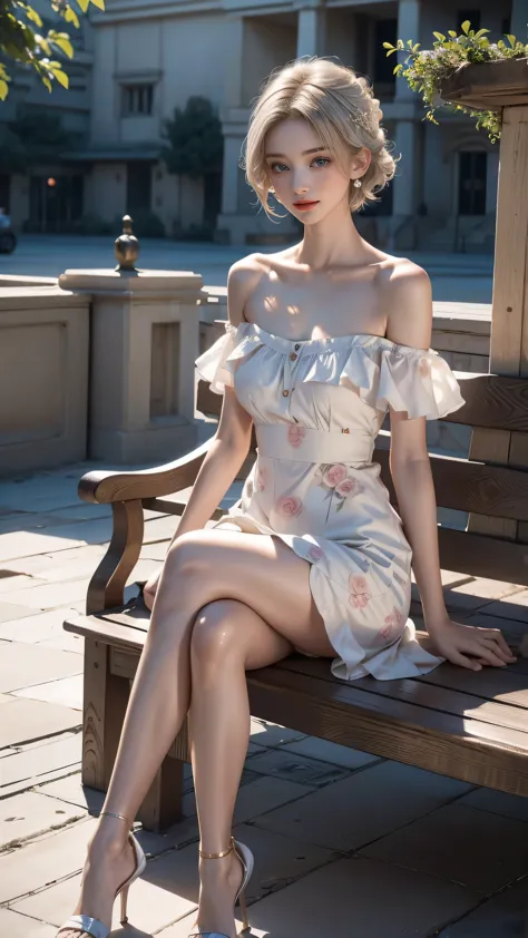 ((a woman sitting on a bench on the balcony of an ancient city)),(sitting with legs crossed)、(white high heels)heterochromia of ...