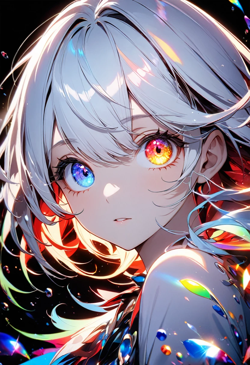 8k, Highest quality,High Contrast,One Girl,perfect face,eye (heterochromia with red and blue,big eyes,eyelashes,glowing eyes),A background with beautiful, shimmering details,Colorful light scattering and reflecting on a transparent background,
