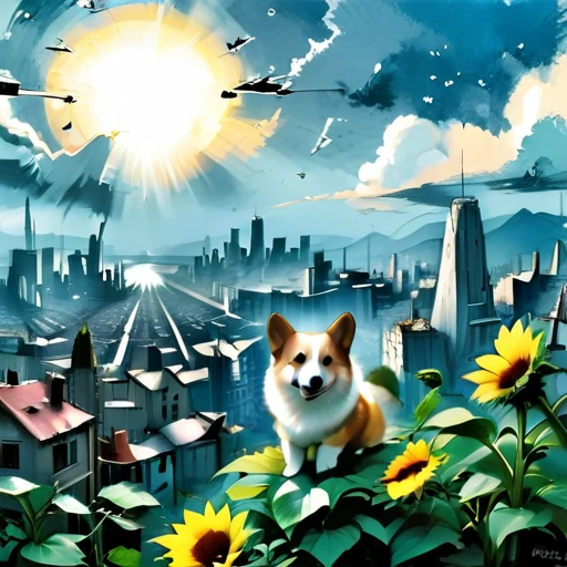 (masterpiece:1.4), (best quality:1.4), (high resolution:1.4), (masterpiece, best quality, high resolution:1.4), dark fantasy, Science fiction, Frank Miller comic style, After the end of the world，A destroyed city without humans,top view，1 sunflower  cute corgidog