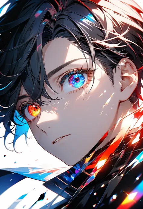 8k, highest quality,high contrast,one boy,perfect face,eye (heterochromia with red and blue,big eyes,eyelashes,glowing eyes),a b...