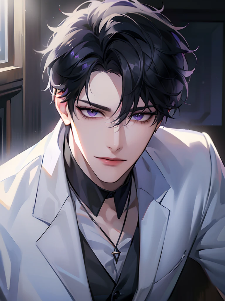 (masterpiece, 8k, high quality, best quality:1.6), 1boy, solo, short hair, black hair, asymmetrical fringe, purple eyes, handsome, sharp eyes, (mature male, mature:1.2), male focus, fashionable, tucked in open white collared shirt, gray pants, necklace, close up, smile, long eyelashes, soft shadows, perfect anatomy