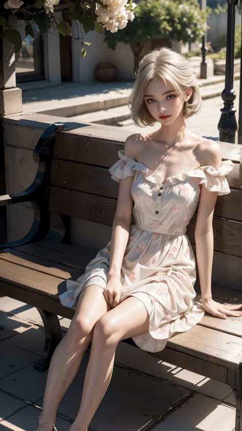 ((a woman sitting on a bench on the balcony of an ancient city)),(sitting with legs crossed)、(white high heels)heterochromia of ...