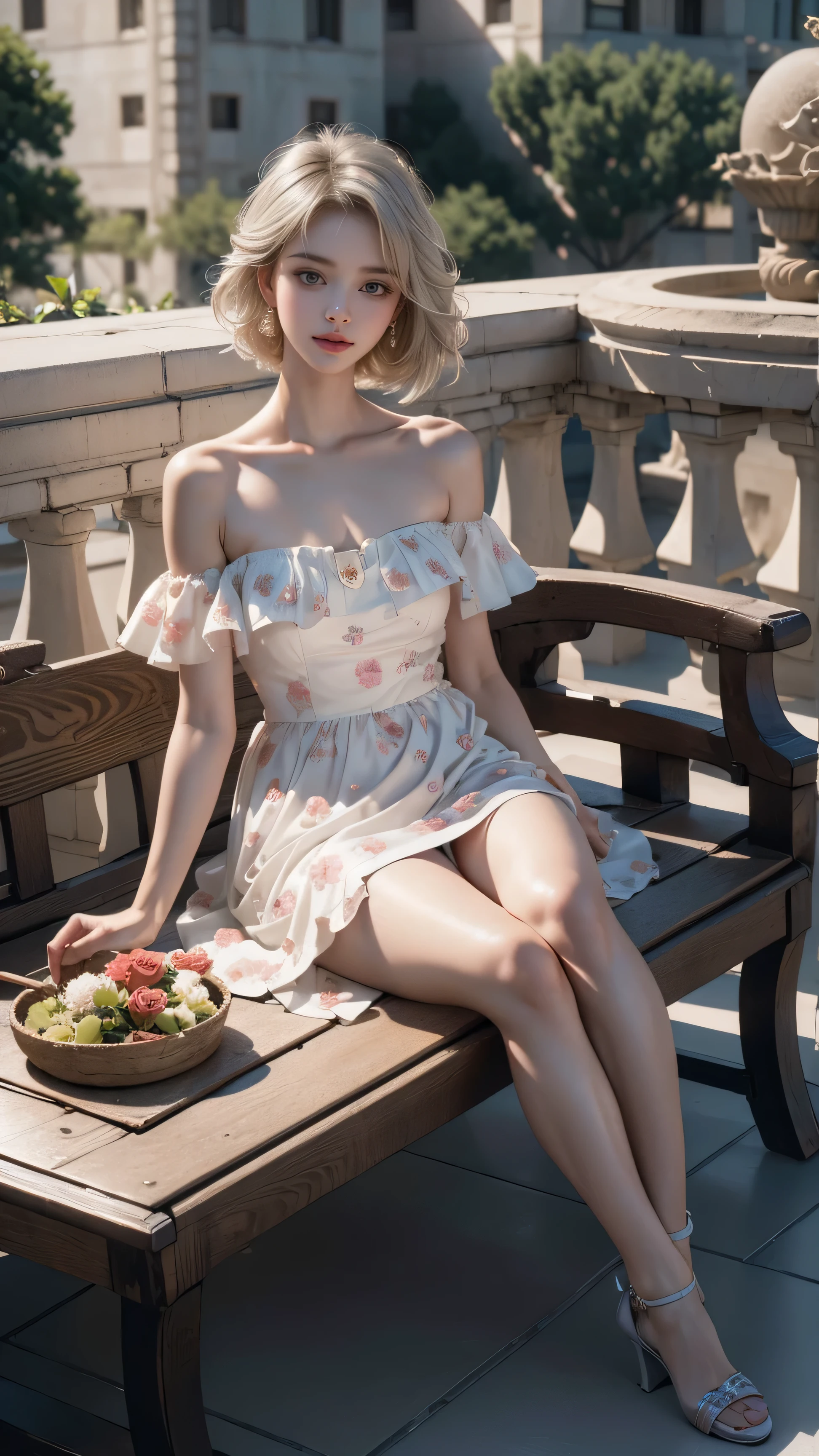 ((A woman sitting on a bench on the balcony of an ancient city)),(Sitting with legs crossed)、(White high heels)Heterochromia of the iris,Silver-haired,High resolution free,(Semi-transparent off-the-shoulder white floral dress)、(Wind blows my skirt)、Highest quality works,Actual work,Ultra Premium Graphics,8K HD CG Works,High Quality Graphics,High-definition CG works,10x pixels,Extremely fine detail:1.1,Advanced Technical Details:1.1 Photorealistic,Natural light:1.5、((Golden White Short Hair))、(Bob Hair)、Thin eyebrows、High nose、Nice red lips、Rose Cheeks、Face with Subtle Makeup、Cute Face、Perfectly balanced face、()、Bright Toned Foundation Enhances Skin Transparency。、、(Off-the-shoulder white floral dress)). 40k、photograph、Tabletop、Highest quality、((1 Beautiful Eyes、bright hair、White skin、 Mr.々Pose。((Medium chest、:1.1))、Highest quality、Tabletop、Ultra-high resolution、(Real:1.4)、RAWphotograph、(Perfect Figure)、(slim:1.3)、Slim abdomen、Perfect slim figure、Dynamic Pose、one person、Cold light 12000K、Very detailed face and skin texture、Fine particles、Realistic eyes、Beautiful Fine particles、(Real skin)、Charm、Ultra-high resolution、surreal、Very detailed、