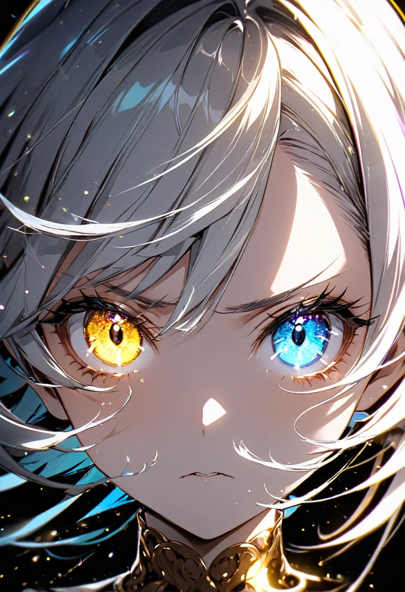 8k, Highest quality,High Contrast,front view,a little angry,One Girl,perfect face,eye (heterochromia with gold and silver,big eyes,eyelashes,glowing eyes),A background with beautiful, shimmering details,Colorful light scattering and reflecting on a transparent background,