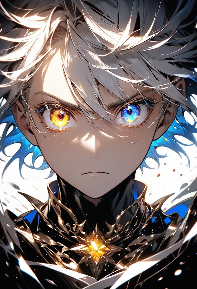 8k, Highest quality,High Contrast,front view,a little angry,One Boy,perfect face,eye (heterochromia with gold and silver:1.2,big eyes,eyelashes,glowing eyes),A background with beautiful, shimmering details,Colorful light scattering and reflecting on a transparent background,