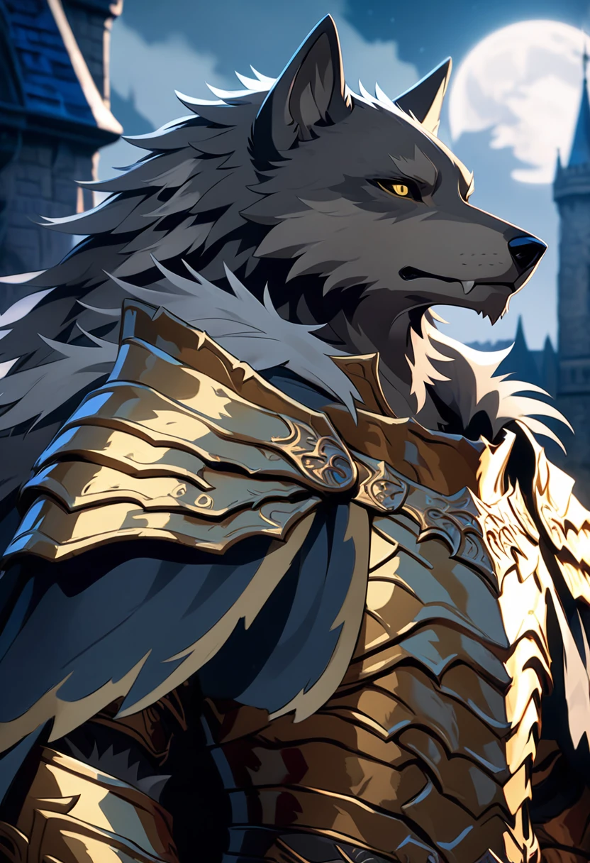 Handsome wolf furry in black and gold armor, anime style, blaidd from ...