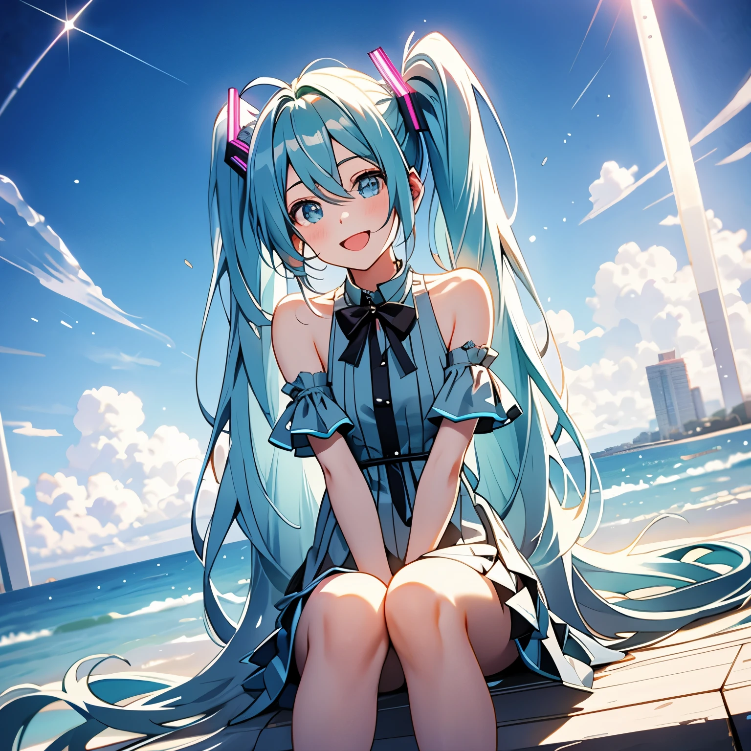 hatsune miku、smile、Sitting、Open your mouth、Particles of light、Observe the audience、Look at this
