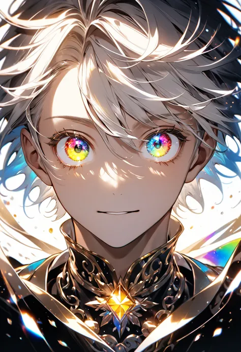 8k, highest quality,high contrast,front view,joyful,one boy,perfect face,eye (heterochromia with gold and silver,big eyes,eyelas...