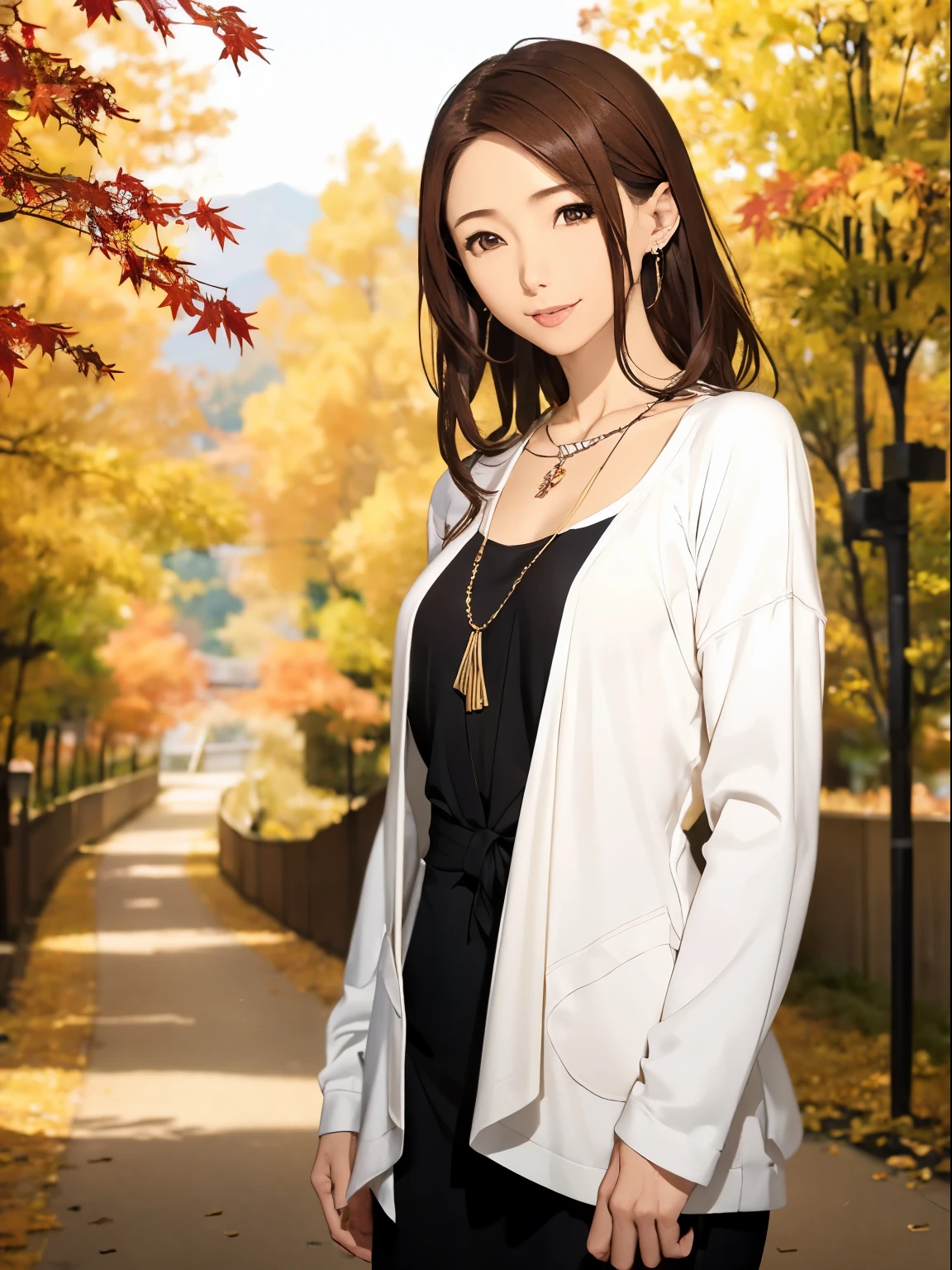 High resolution,8k,Highest quality,detailed,Semi-realistic anime,(whole body:1.5),Anime 3D Style,Smooth anime CG,One mature woman,A 60-year-old Japanese woman,slim,Modeled,Shiny brown hair, Tie your hair back,Medium Hair,detailedな顔,Beautiful and detailed,Glowing Skin,(Layering,Autumn and winter clothes),Earrings Beautiful,necklace,Winter in Japan,Dead Tree,Leaves fall,Hard Focus、Film Grain,Soft lighting,Wind,Looking at the audience,Laughter,