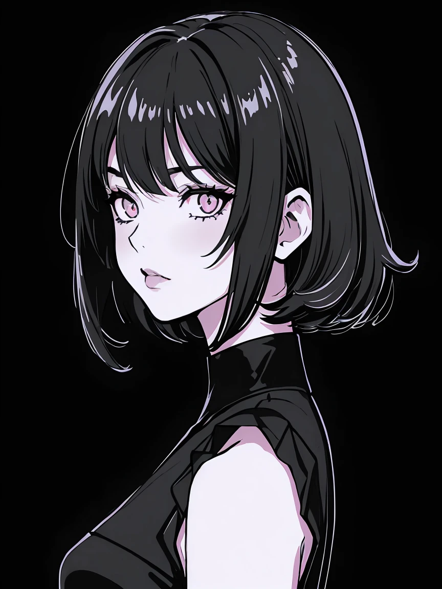 (best quality, sketch:1.2),realistic,illustrator,anime,1 girl, detailed lips, black dress,custom, (background dark monochrome),neon hair,textured cropping, masterpiece, style retro classic, noir dark, art, sketch book, (bob hair black:1.75 neon:1.32), bad women , dark monochrome background, dark fantasy, pensil manga art style