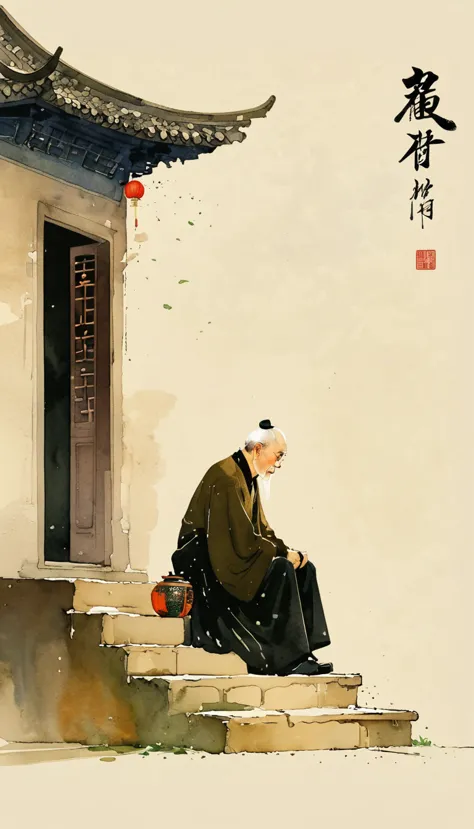 chinese ink painting, sketch, light ink，lowercase，sketch，artistic conception，old man on steps，minimalism，(((negative space,botto...