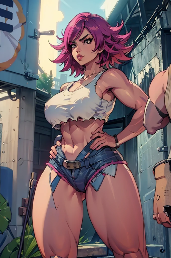 Poison, 26 year old woman, 5'9" tall, 115 pounds, short pink hair, fit body, wearing sports bra, spandex shorts, big breasts, wide curvy hips, big ass, solo, realistic, masterpiece, detailed facial features, photorealistic, cinematic lighting, dramatic shadows, highly detailed, award winning digital art, oil painting, high resolution, 8k, hyper detailed, hyperrealistic