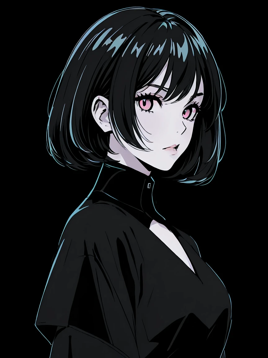 (best quality, sketch:1.2),realistic,illustrator,anime,1 girl, detailed lips, black dress,custom, (background dark monochrome),neon hair,textured cropping, masterpiece, style retro classic, noir dark, art, sketch book, (bob hair black:1.75 neon:1.32), bad women , dark monochrome background, dark fantasy, pensil manga art style